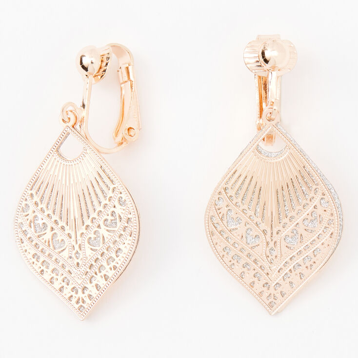 Rose Gold-tone 1&quot; Filigree Teardrop Clip-On Drop Earrings,