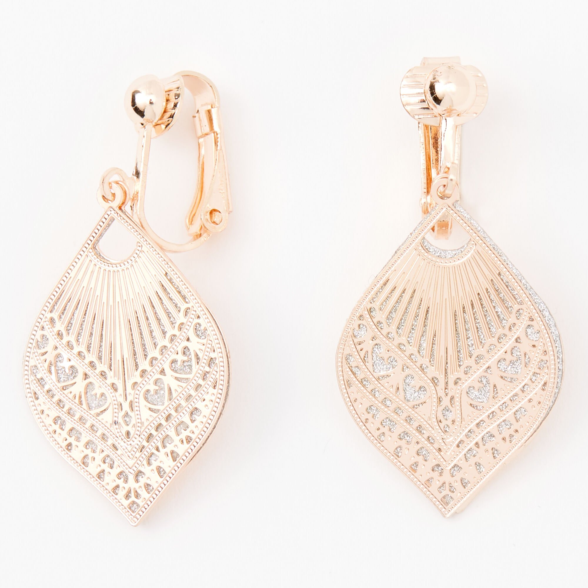 View Claires Tone 1 Filigree Teardrop Clip On Drop Earrings Rose Gold information