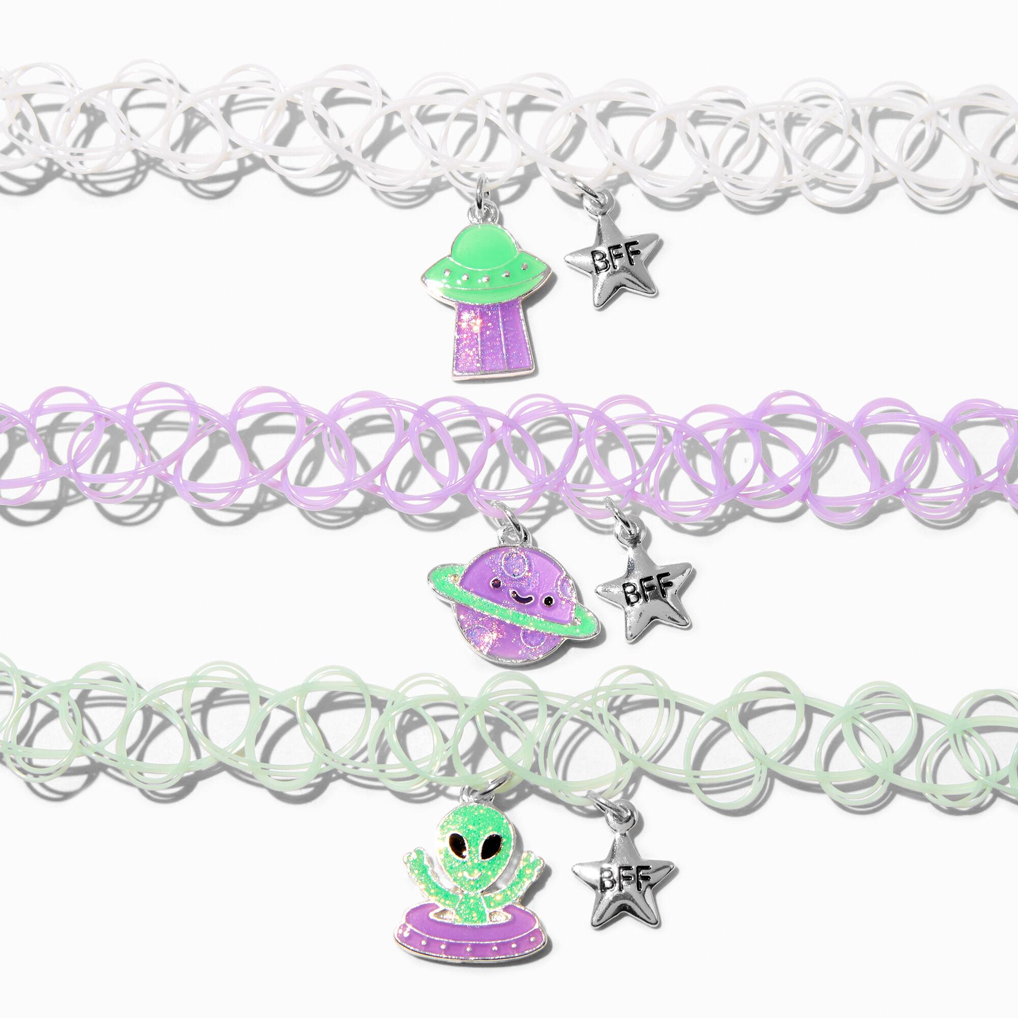 View Claires Best Friends Glow In The Dark Alien Tattoo Choker Necklaces 3 Pack Purple information