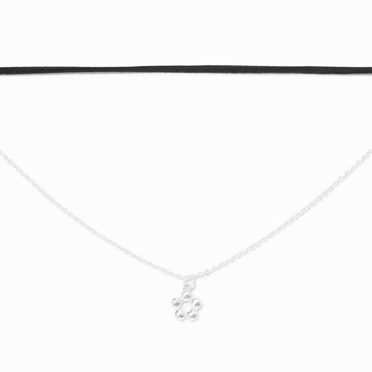 Silver Daisy Pendant &amp; Black Choker Necklace - 2 Pack,