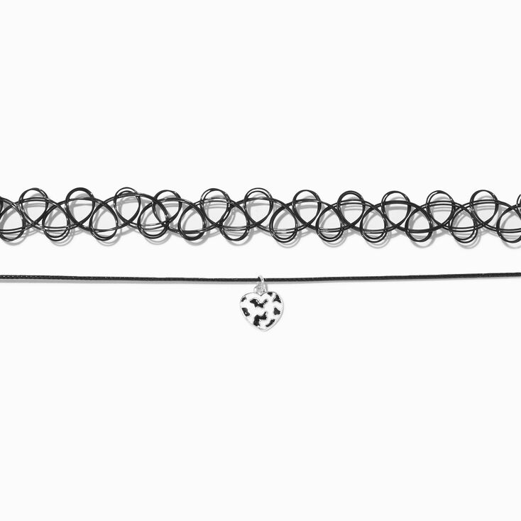 Black Tattoo &amp; Cow Print Heart Choker Necklaces - 2 Pack,