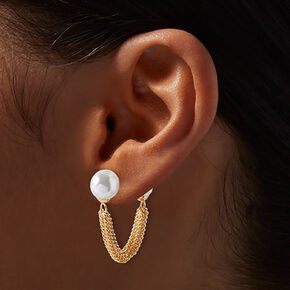 Gold-tone Chain Pearl Connector Front &amp; Back Earrings ,
