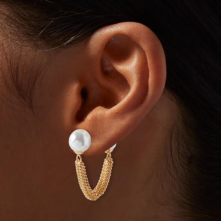 Boucles d&#39;oreilles devant-derri&egrave;re avec cha&icirc;ne de connexion et perle d&rsquo;imitation couleur dor&eacute;e,