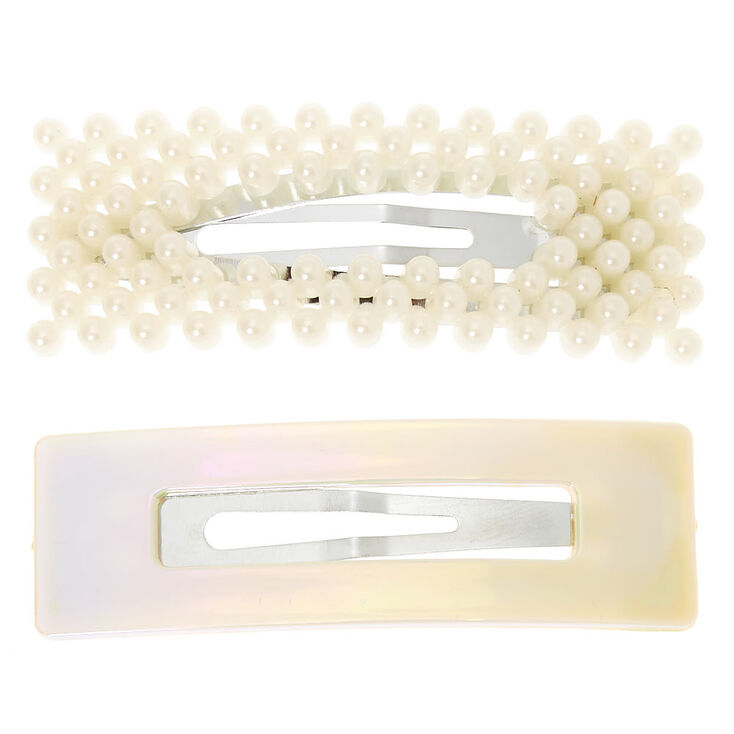 Claire's Barrettes clic clac rectangulaires avec perles d’imitation holographiques - Couleur ivoire, lot de 2