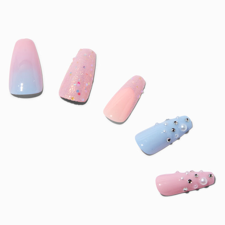 Pastel Blue &amp; Pink Pearl Squareletto Vegan Faux Nail Set - 24 Pack,