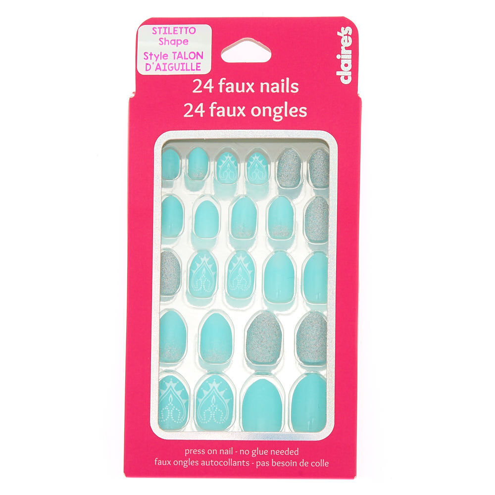 Glitter Filigree Press On Faux Nail Set - Mint, 24 Pack,