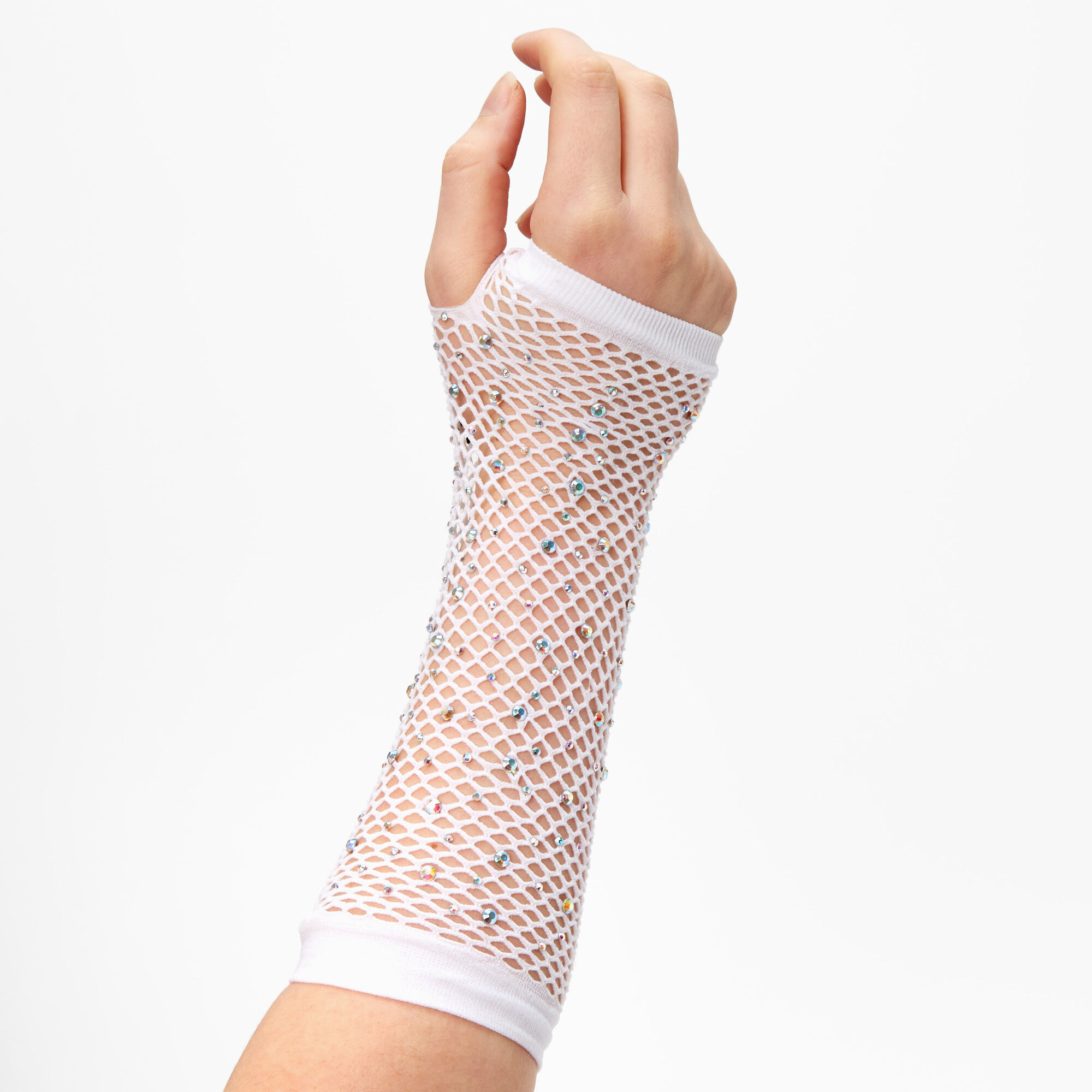 View Claires Rhinestone Fishnet Arm Warmers White information