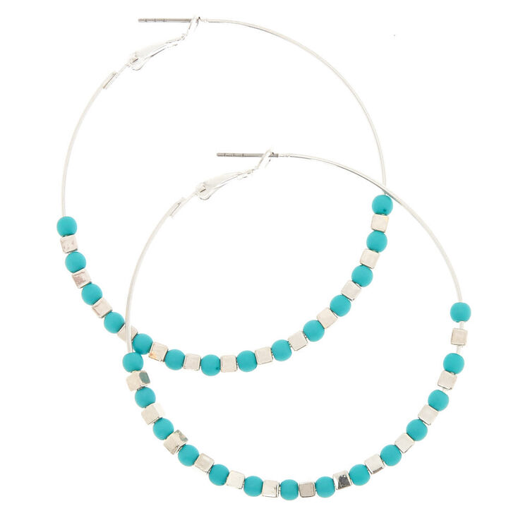 60mm Silver Teal Beaded Hoop Earrings Claire S Us 60mm Silver Teal Beaded Hoop Earrings