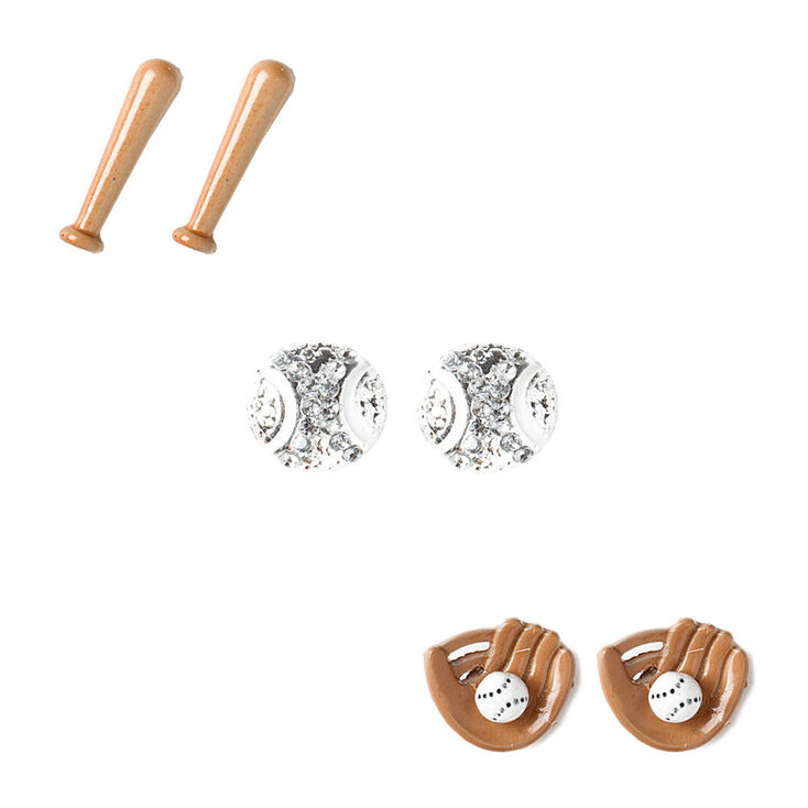 Baseball, Mitt, &amp; Bat Stud Earrings - 3 Pack,