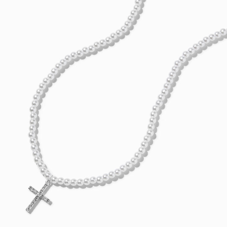 Pearl &amp; Silver-tone Cross Pendant Necklace,