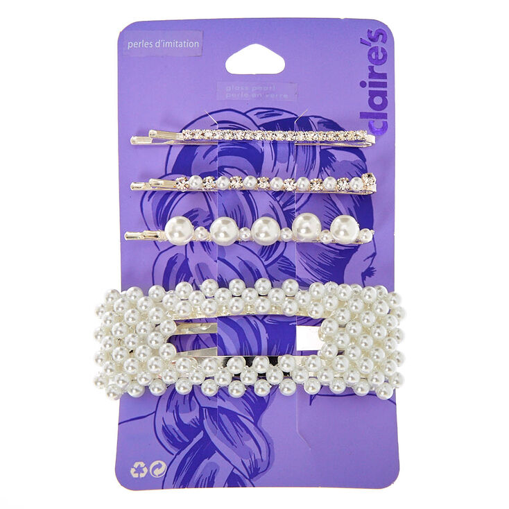 Claire's Barrettes clic clac et épingles plates perle d’imitation couleur argentée - Lot de 4