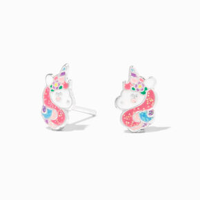 Sterling Silver Glitter Unicorn Stud Earrings,