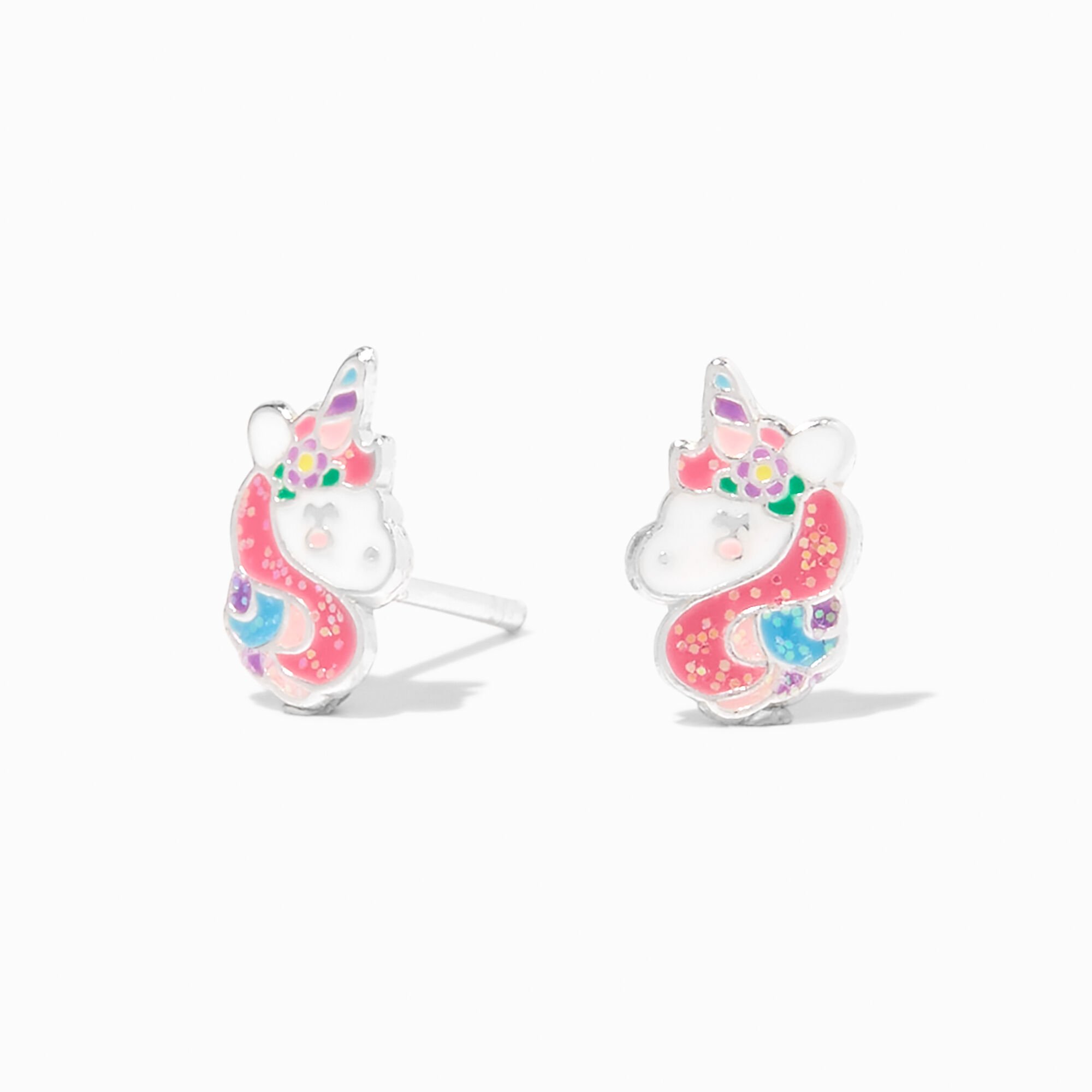 View Claires Glitter Unicorn Stud Earrings Silver information