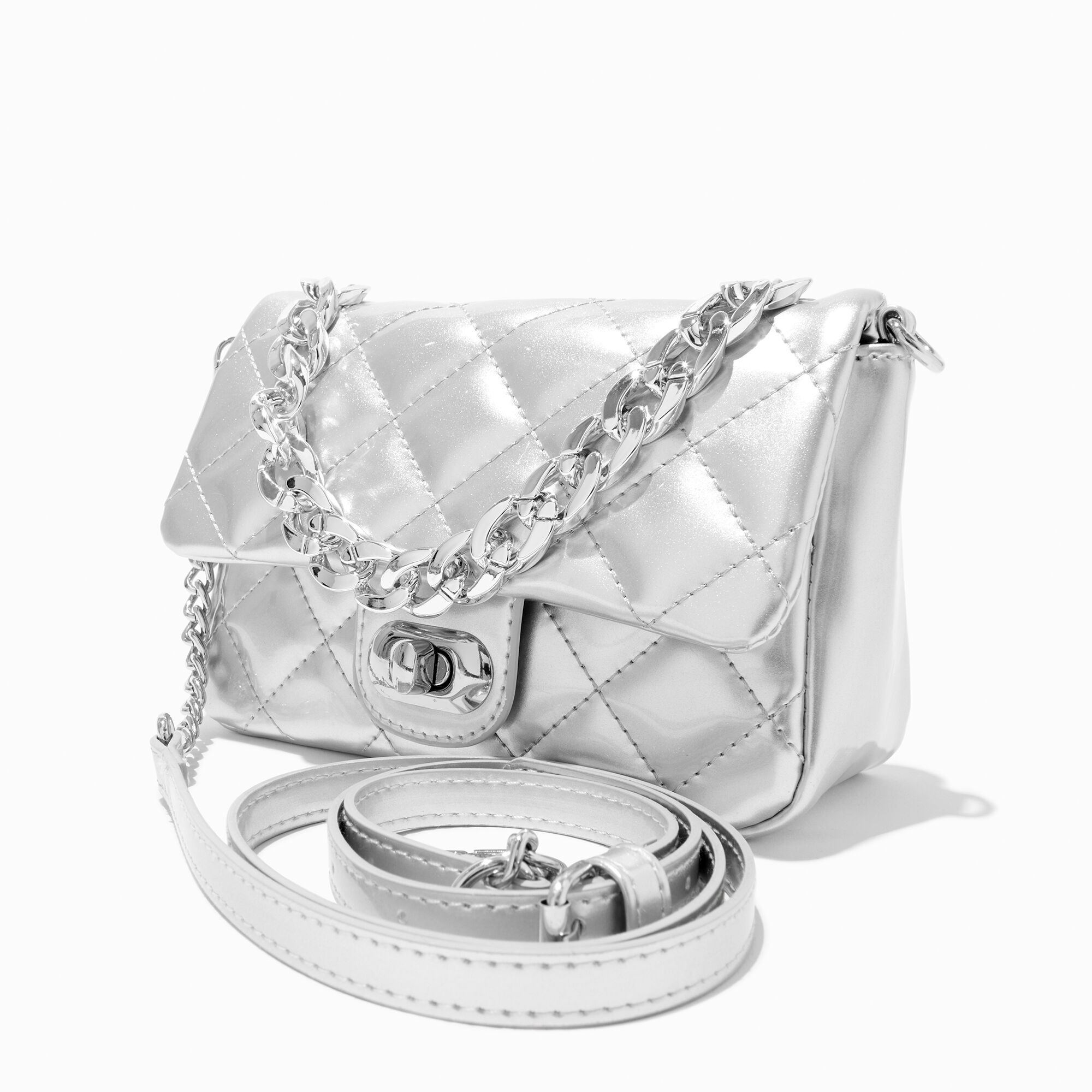Claire s Quilted Chrome Crossbody Bag Silver