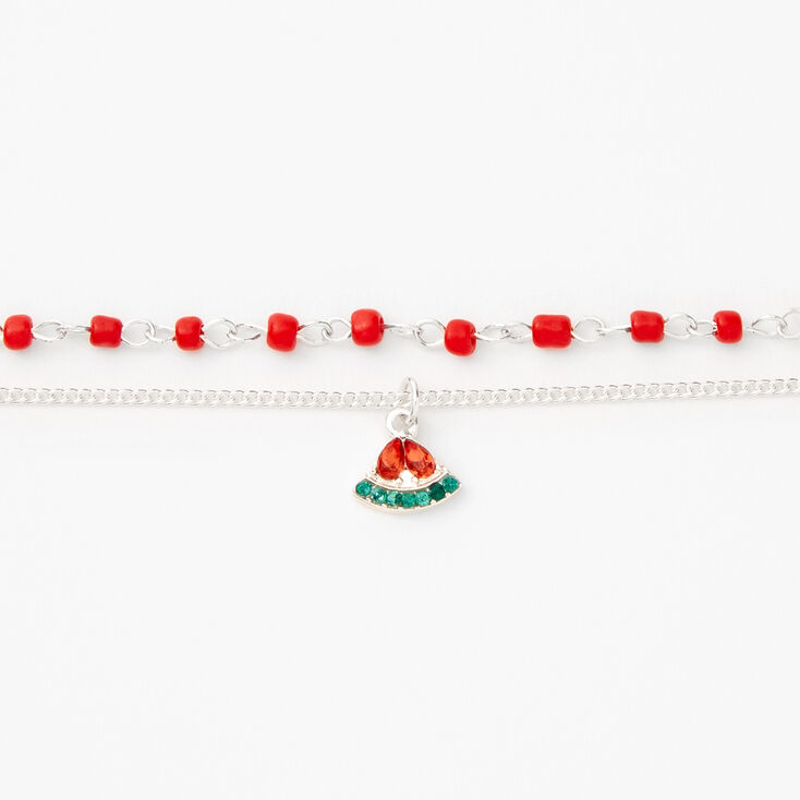 Silver Beaded Watermelon Choker Necklaces - Red, 2 Pack,