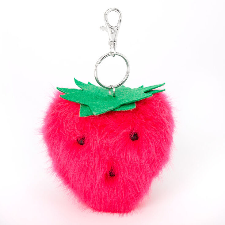 Claire's Porte-clés fraise avec pompons en peluche - Rose