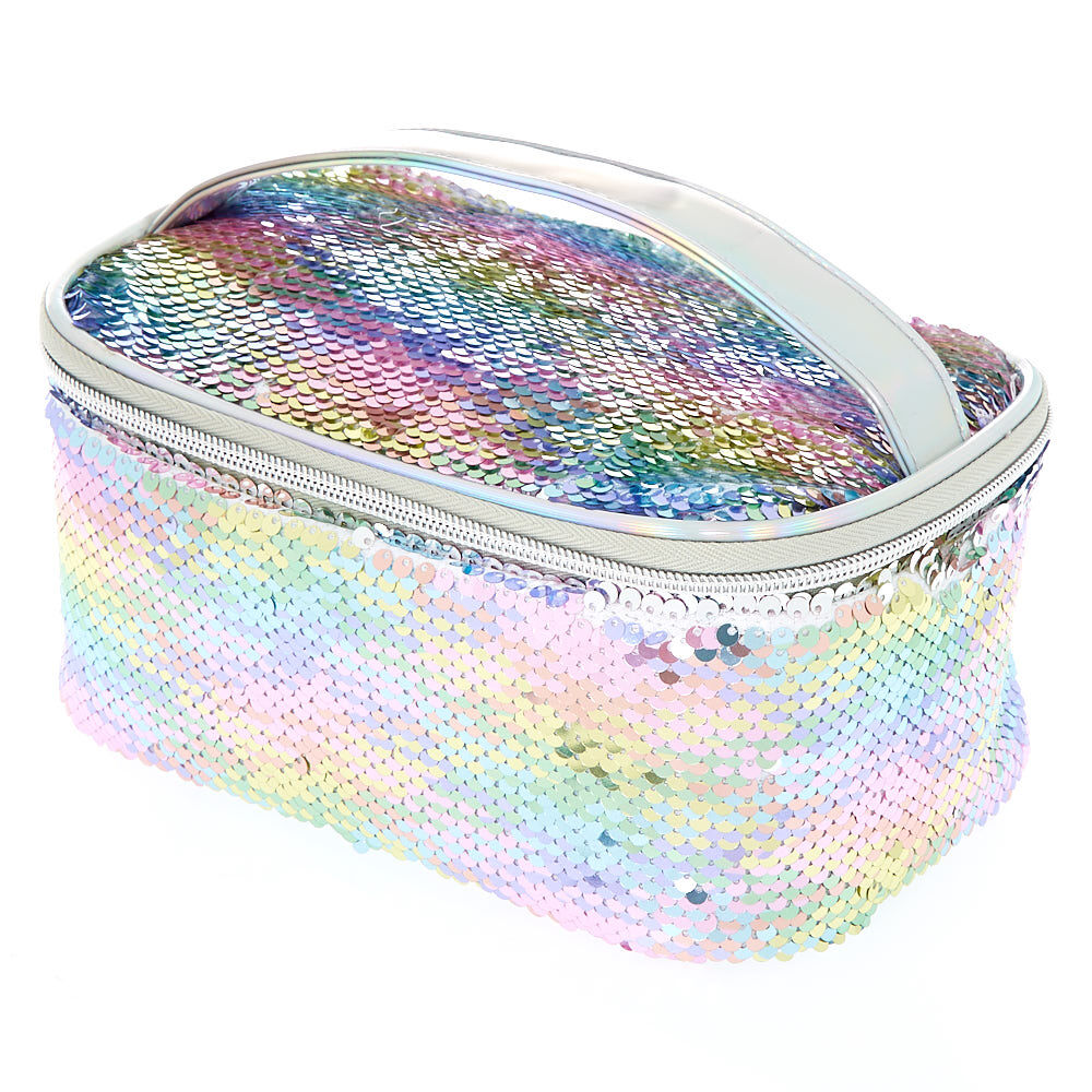 Trousse de maquillage structurée pastel arc-en-ciel avec sequins réversibles,