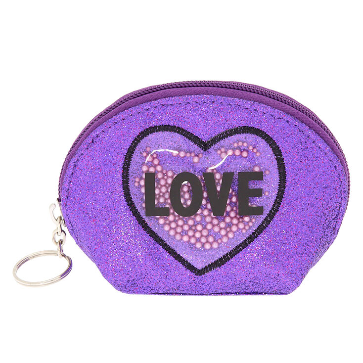 Love Round Glitter Coin Purse - Purple | Claire&#39;s US