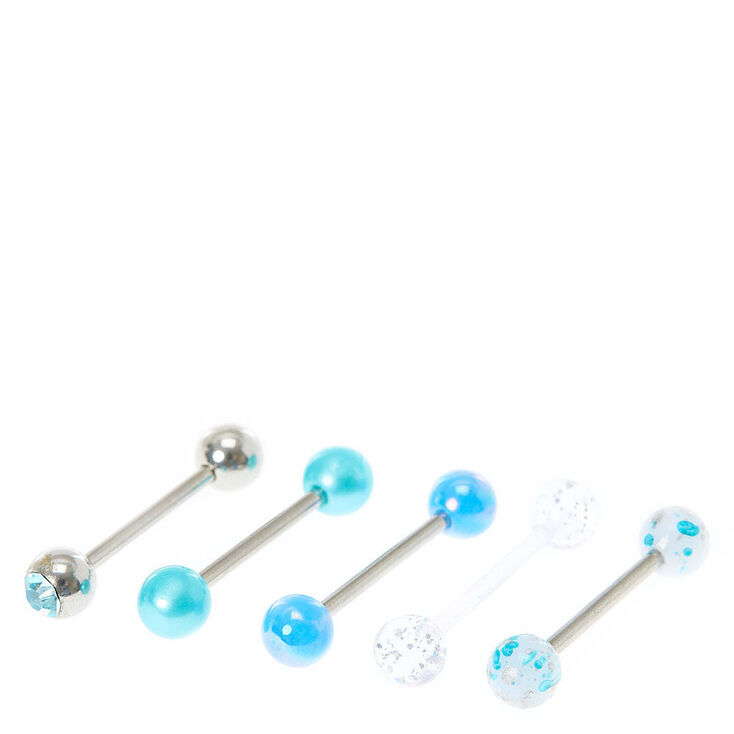 Stainless Steel Pearlized Blue Barbell 14G Tongue Rings -  5 Pack,
