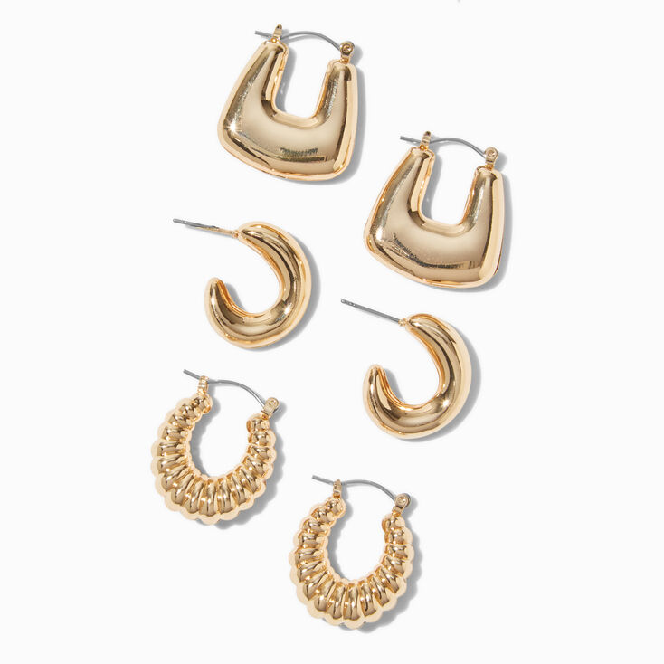 Gold-tone Textured Mixed Hoop Earring Stackables Set - 3 Pack,