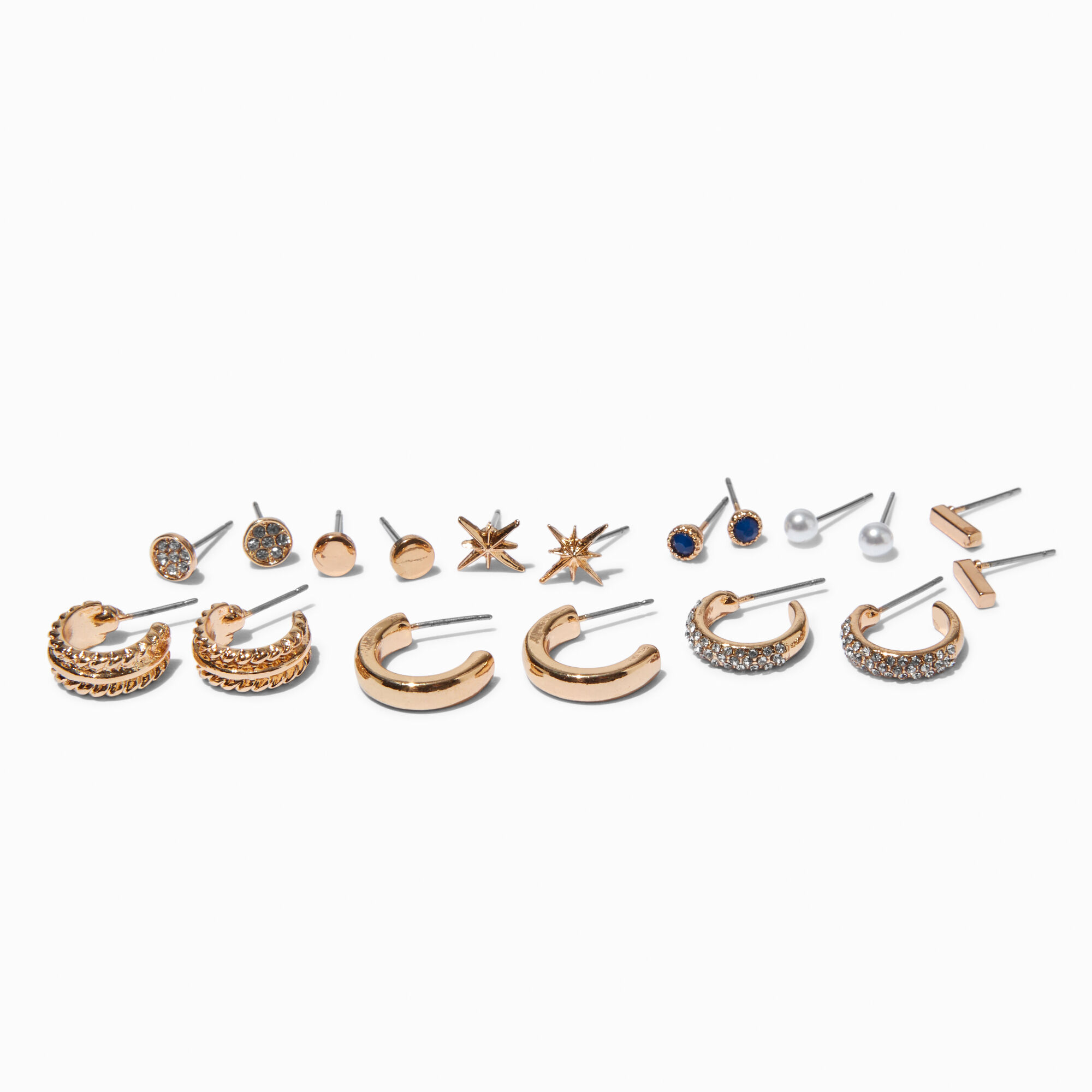 View Claires Tone Mixed Hoop Stud Earring Set 9 Pack Gold information