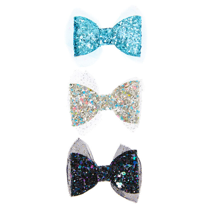 Claire&#39;s Club Glitter Hair Bow Clips - Blue, 3 Pack,
