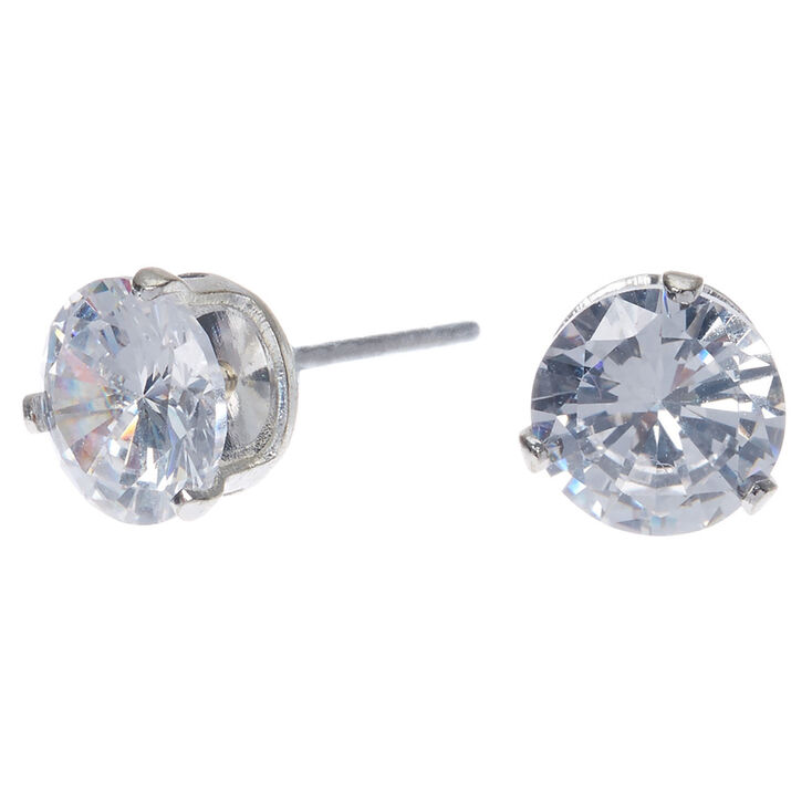 Silver-tone Cubic Zirconia 7mm Round Stud Earrings,