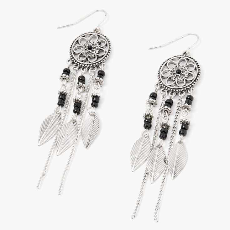 Silver 3&quot; Flower Beaded Dreamcatcher Drop Earrings - Black,