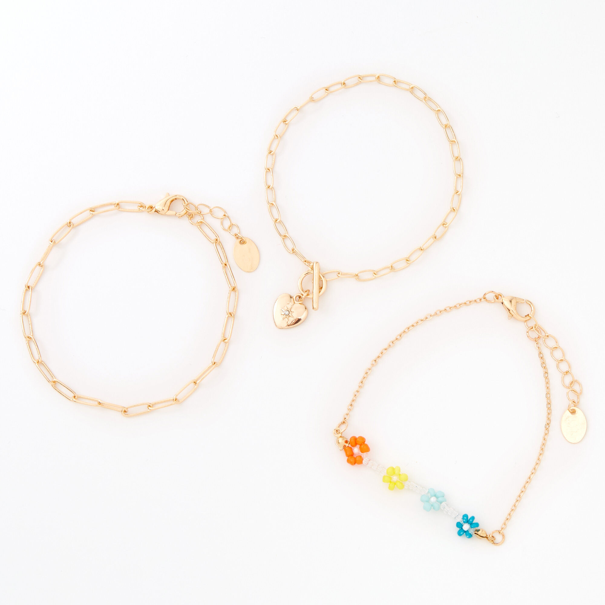 View Claires Beaded Daisy Chain Bracelet Set 3 Pack Gold information