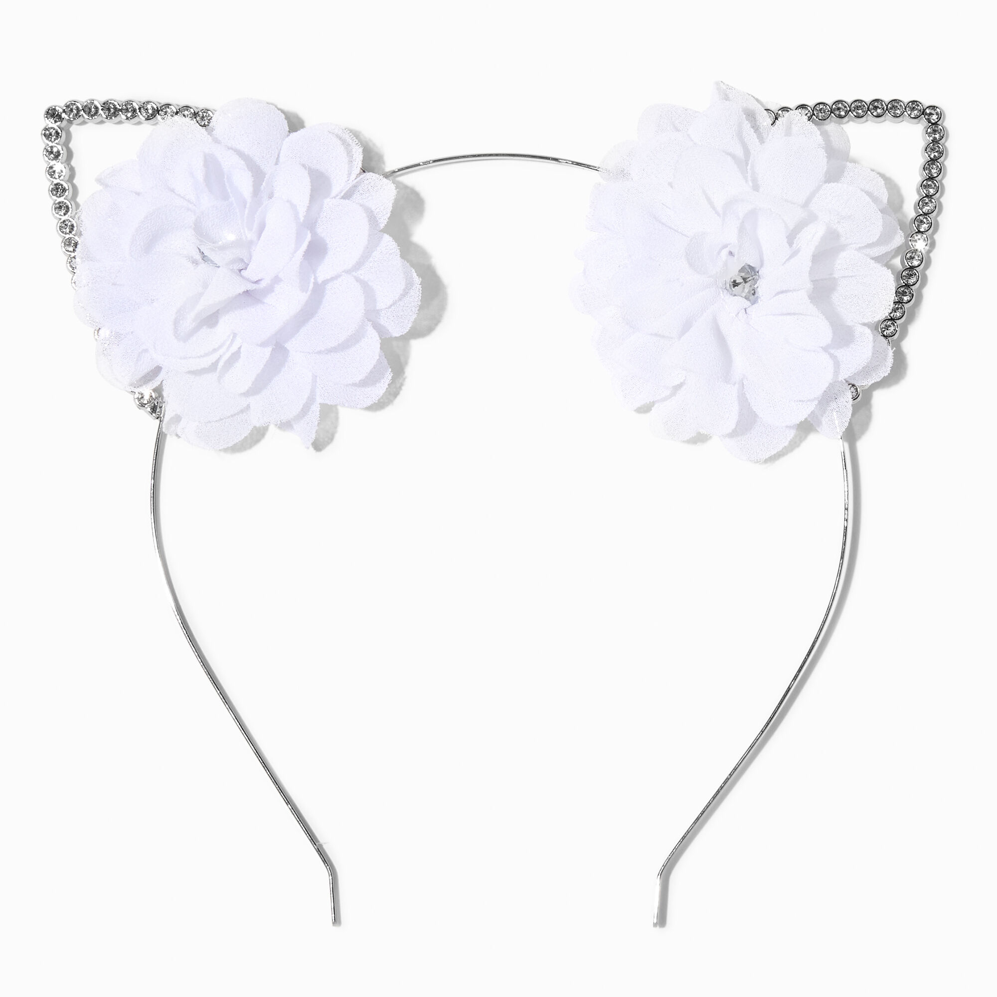 White Rosette Crystal Silver Cat Ears Headband,