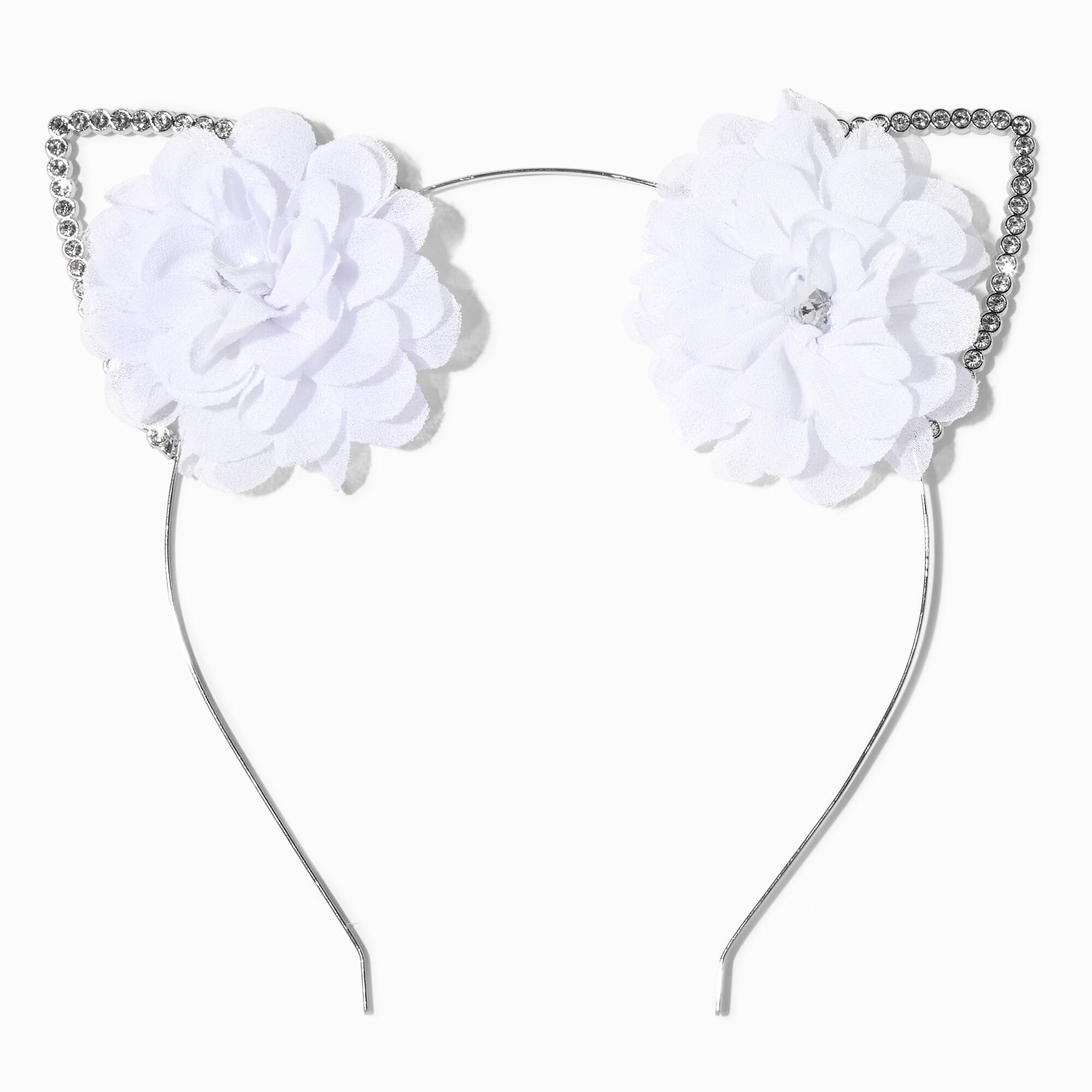 View Claires Rosette Crystal Silver Cat Ears Headband White information