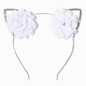 White Rosette Crystal Silver Cat Ears Headband,