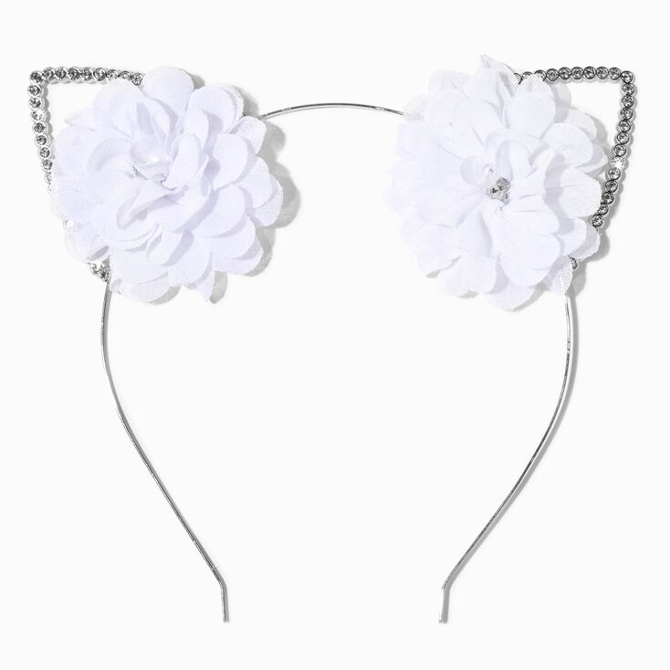 White Rosette Crystal Silver Cat Ears Headband,