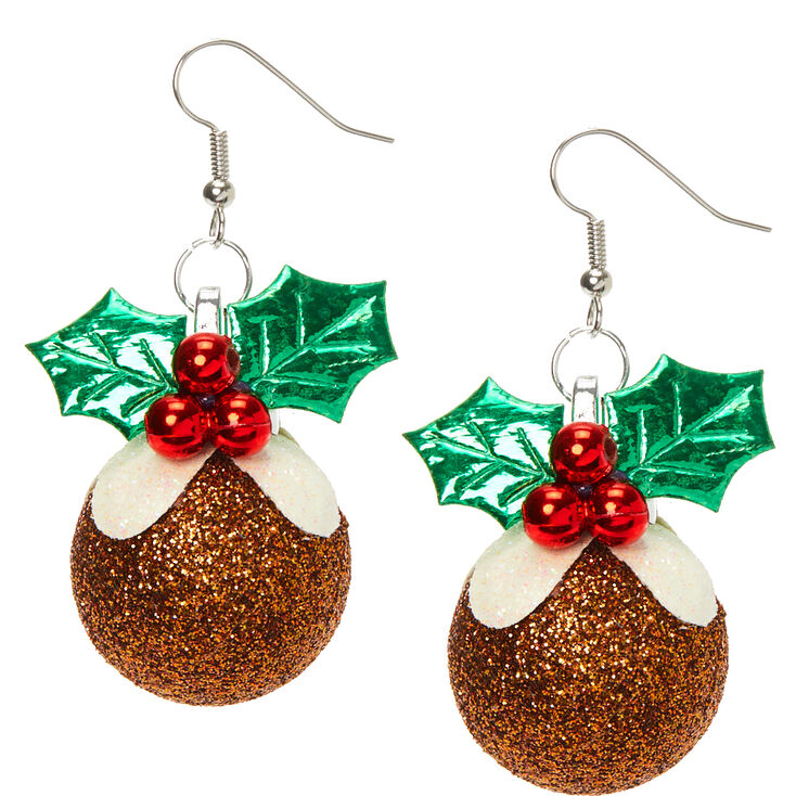 Silver 1.5&quot; Christmas Pudding Drop Earrings,