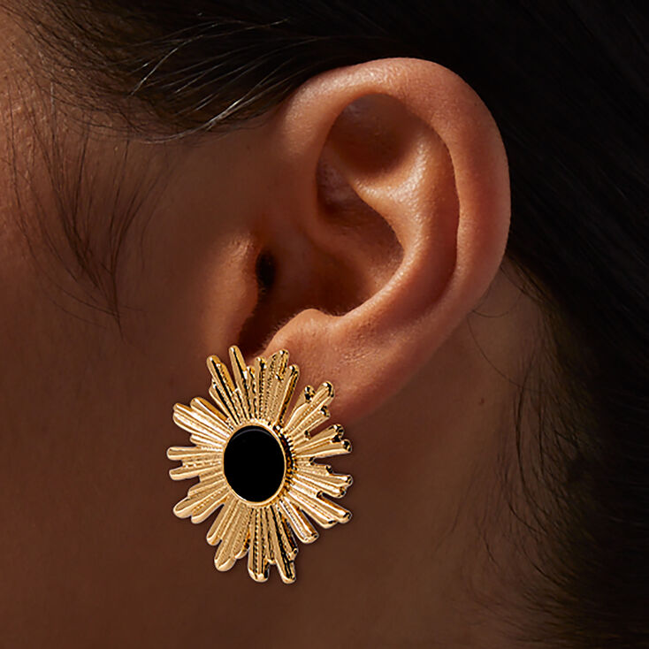 Gold-tone Starburst Black Enamel Stud Earrings,