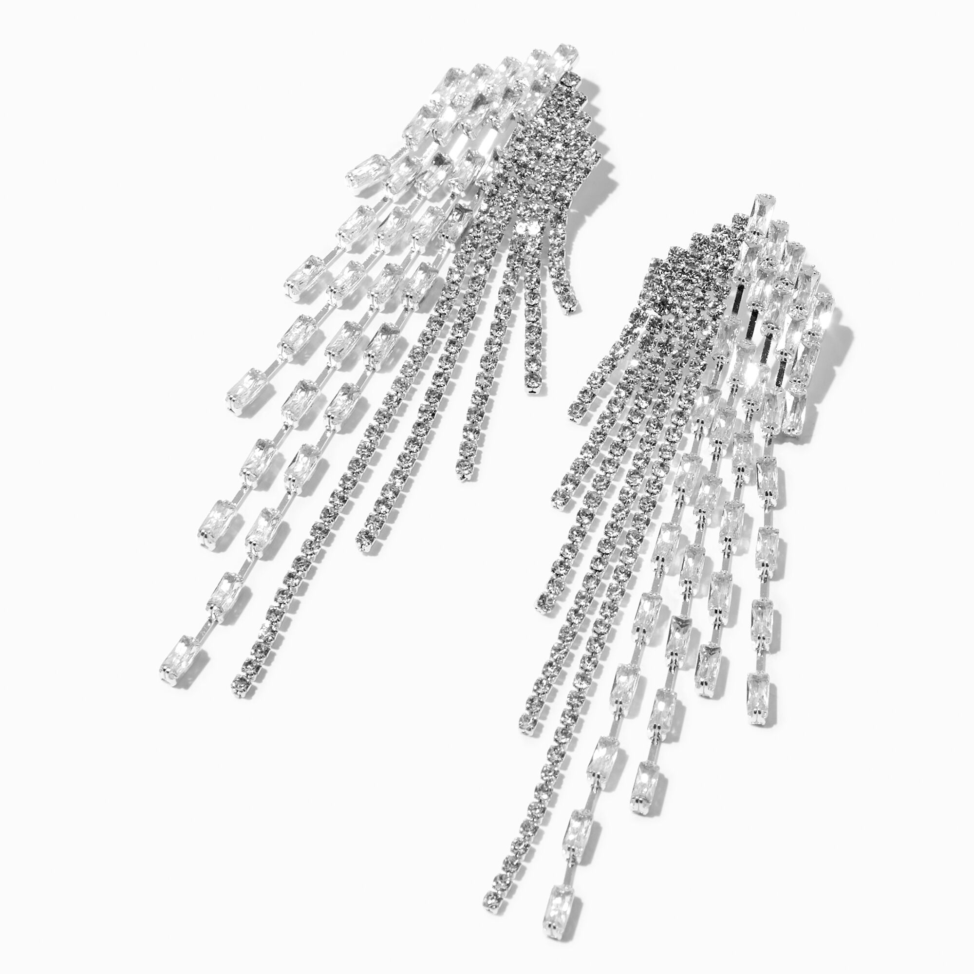 View Claires Tone Space Rhinestone Linear Fringe 3 Drop Earrings Silver information
