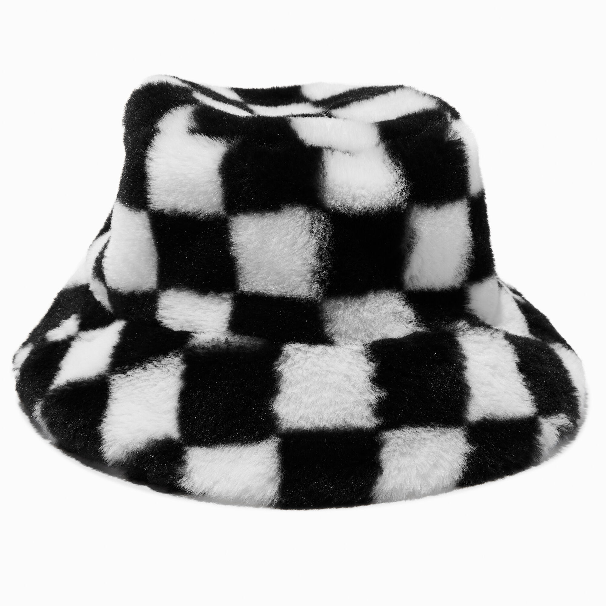 View Claires Black Check Furry Bucket Hat White information