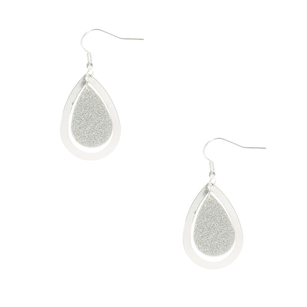 Silver Glitter Tear Drop Earrings,