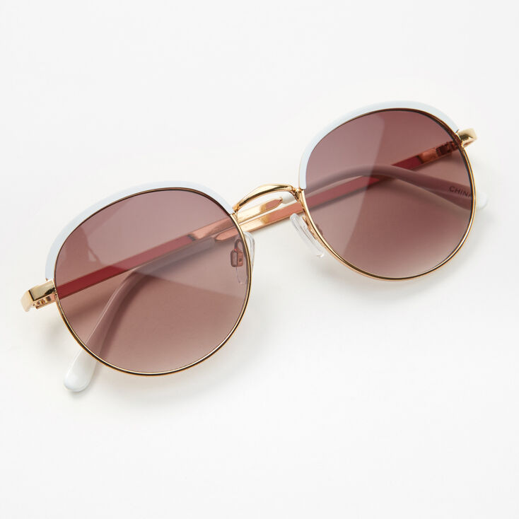 Gold &amp; White Round Frame Sunglasses,