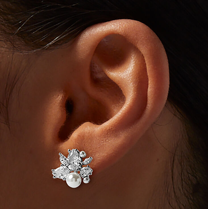 Silver-tone Pearl &amp; Cubic Zirconia Cluster Stud Earrings ,