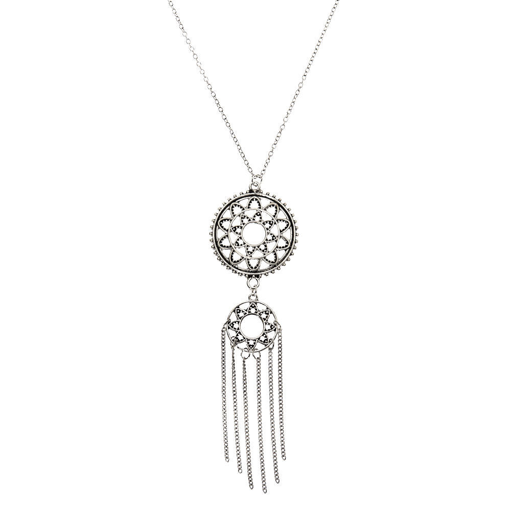 Silver Boho Medallion Long Pendant Necklace