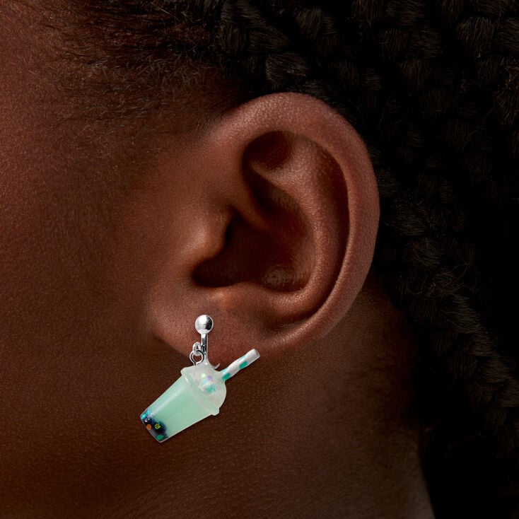 Silver-tone 0.5&quot; Mint Bubble Tea Clip On Drop Earrings,