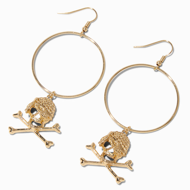 Pirate Skull &amp; Crossbones Gold Hoop Earrings,