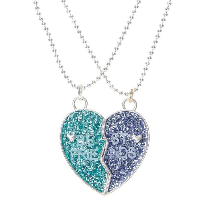 Best Friends Blue Glitter Split Heart Necklaces - 2 Pack,