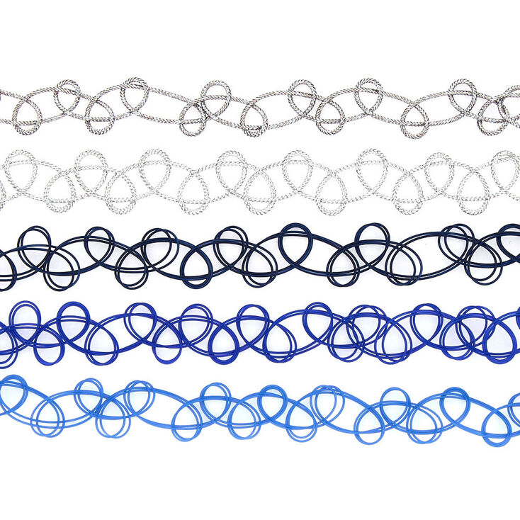 Mixed Metallic Tattoo Choker Necklaces - Blue, 5 Pack,