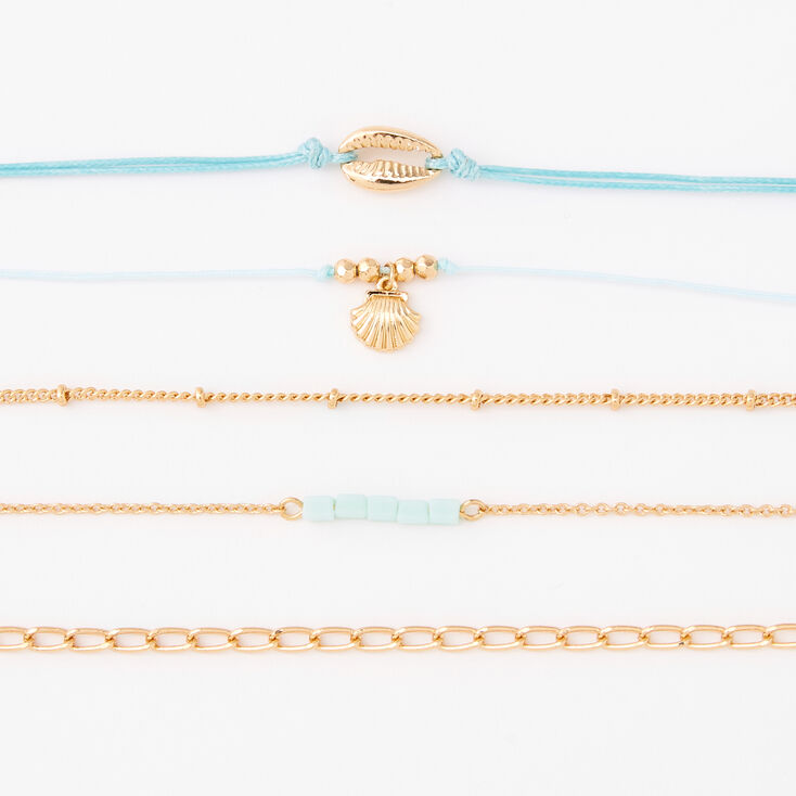 Gold Mixed Seashell Chain Bracelets - Mint, 5 Pack,
