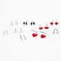 Silver Romance Party Stud Earrings - Red, 9 Pack,