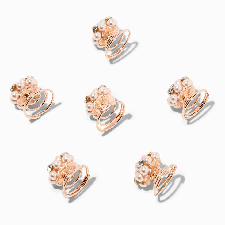 Rose Gold Pearl &amp; Rhinestone Cluster Hair Spinners - 6 Pack,