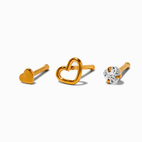 Gold-tone Stainless Steel Cubic Zirconia 20G Heart Nose Rings - 3 Pack,
