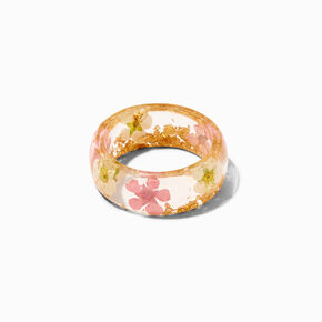 Pink Flowers &amp; Gold-tone Flake Resin Ring,